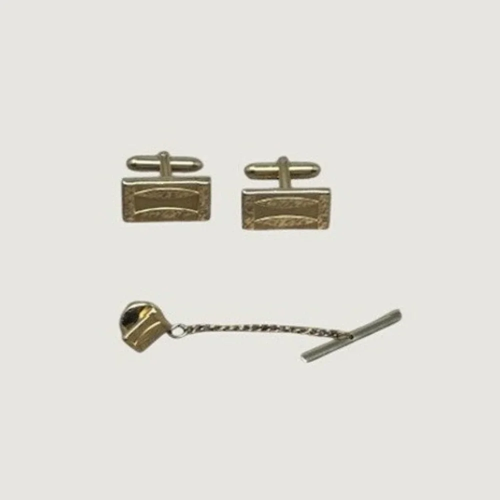 Vintage Swank Cufflink Tie Tac Set Gold Tone MCM Geometric Textured Excellent